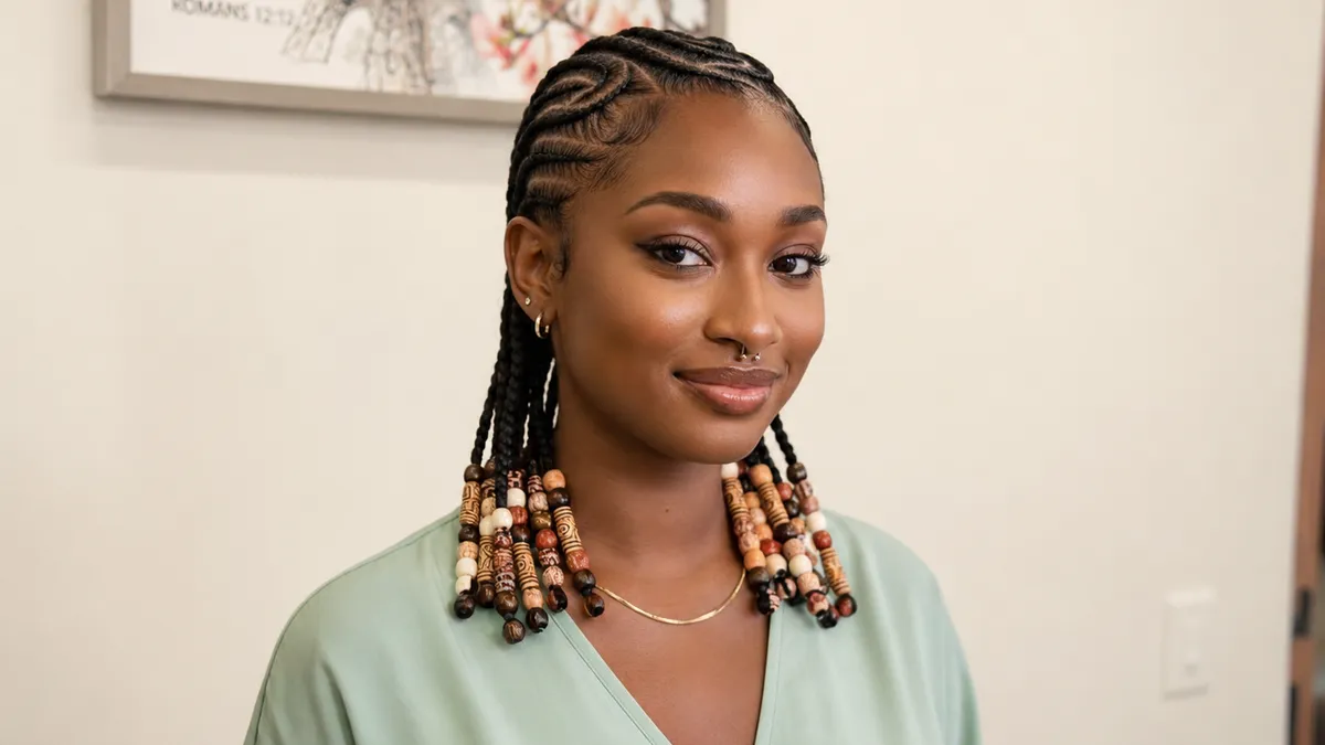 Woman with small knotless braids finished in wooden beads, worn back from her face