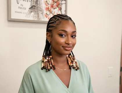Woman with small knotless braids finished in wooden beads, worn back from her face