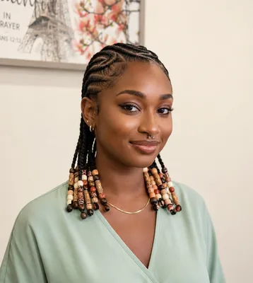 Woman with small knotless braids finished in wooden beads, worn back from her face