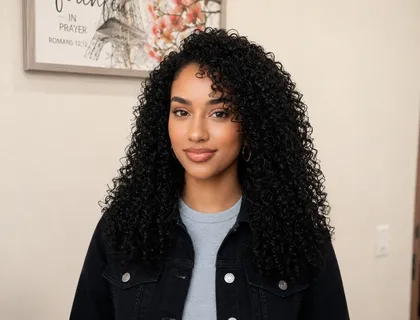 Woman with long, voluminous curly hair extensions