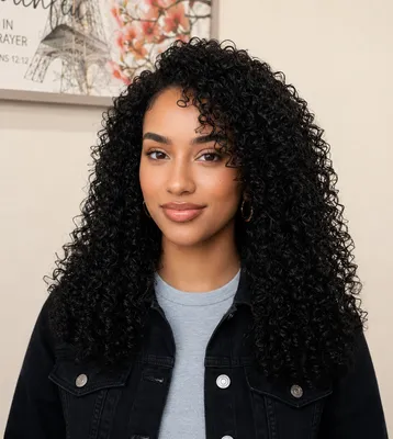 Woman with long, voluminous curly hair extensions