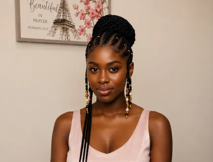 Woman with box braids styled into a high bun accented with gold beads