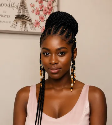 Woman with box braids styled into a high bun accented with gold beads