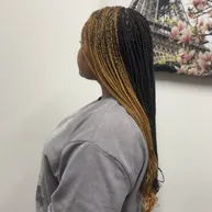 Two-tone ombre box braids draped over the shoulder