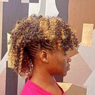Curly braided updo with honey-blonde highlights